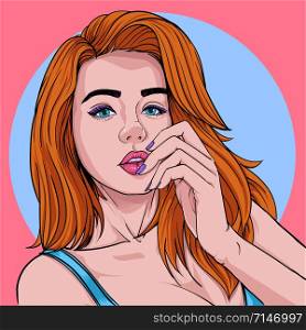 Woman posing sexy Beautiful women make-up hairdressing fashion Illustration vector On pop art comic style Pink background