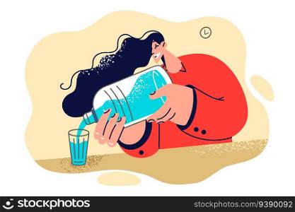 Woman pours water into glass, recommending to drink plenty of fluids to support health or get rid of excess weight. Happy girl holding bottle of water to quench thirst and hydrate body. Woman pours water into glass, recommending to drink plenty of fluids to support health