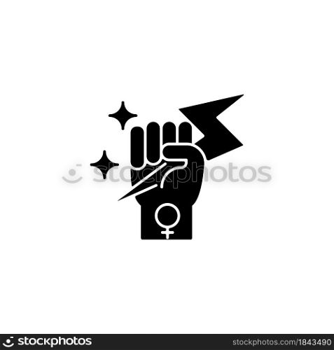 Woman power black glyph icon. Female energy. Enhance inner strength. Leadership in movement. Equal participation. Female authority. Silhouette symbol on white space. Vector isolated illustration. Woman power black glyph icon
