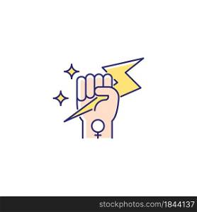 Woman power RGB color icon. Female energy. Enhance inner strength. Leadership in movement. Equal participation. Female authority. Woman leader. Isolated vector illustration. Simple filled line drawing. Woman power RGB color icon