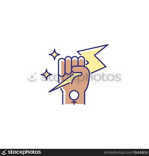 Woman power RGB color icon. Female energy. Enhance inner strength. Leadership in movement. Equal participation. Female authority. Woman leader. Isolated vector illustration. Simple filled line drawing. Woman power RGB color icon