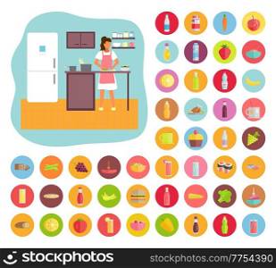 Woman practice cooking in the kitchen. Big white fridge and kitchen equipment. Colorful set of food and drink icons. Stay at home. Self isolation, quarantine due to coronavirus. Home activities. Woman cooking in the kitchen. Food and drinks flat vector icons. Kitchen equipment. Stay at home