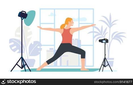 Woman practices yoga and teaches to do fitness exercises. Female records workout video for online classes. Camera and spotlight. Girl standing in asana. Healthy lifestyle. Home gym. Vector concept. Woman practices yoga and teaches to do fitness exercises. Female records workout video for online classes. Camera and spotlight. Girl standing in asana. Healthy lifestyle. Vector concept