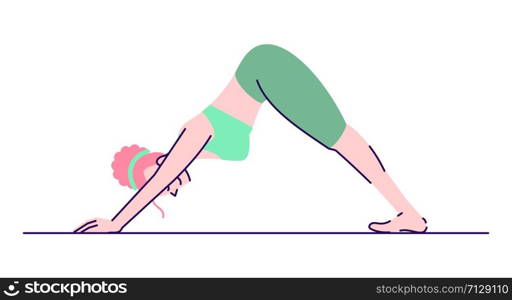 Woman practicing adho mukha shvanasana exercise flat vector illustration. Yoga practice. Girl standing in downward dog pose isolated cartoon character with outline elements on white background