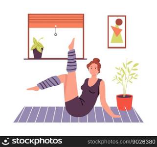 Woman practicing do yoga exercise at home. Vector yoga woman illustration, sport and fitness workout, healthy training exercise for body. Woman practicing do yoga exercise at home
