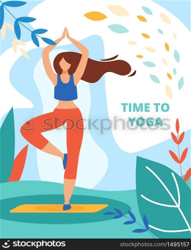 Woman Practicing Outdoor Yoga in Forest or Park Doing Relaxing Exercises, Summer Time Motivational Activity, Everyday Training Body Care, Internal Energy. Cartoon Flat Vector Illustration, Banner. Woman Practicing Outdoor Yoga in Forest or Park