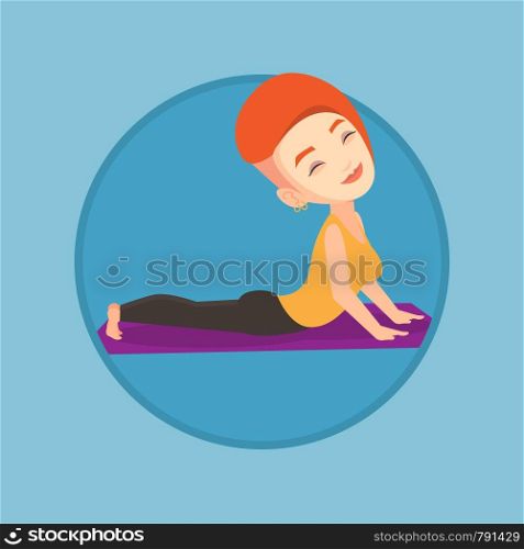 Woman practicing yoga upward dog pose. Caucasian sportswoman meditating in yoga upward dog position. Woman doing yoga on the mat. Vector flat design illustration in the circle isolated on background.. Woman practicing yoga upward dog pose.