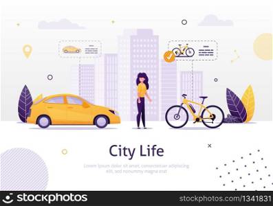 Woman Prefering Driving Bicycle to Car Banner Vector Illustration. Girl Choosing Healthy Lifestyle instead of Going by Vehicle. City Life with High Buildings. Transportation around Town.. Woman Prefering Driving Bicycle to Car Banner.