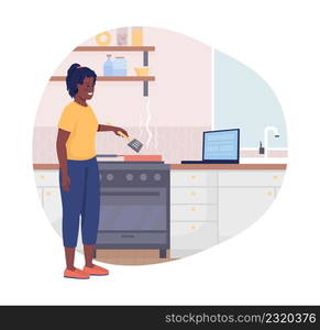 Woman preparing food 2D vector isolated illustration. Happy female at kitchen flat character on cartoon background. Delicious dinner cooking colourful scene for mobile, website, presentation. Woman preparing food 2D vector isolated illustration