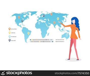 Woman presenting map with legend explanation vector. World with labels, graphics and location pointers, businesswoman on conference explaining data. World Map Infographics and Legend, Presenter Lady