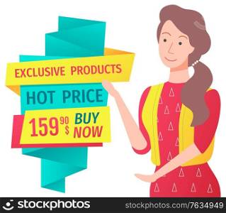 Woman presenting sale in shop, isolated character personage with banner made of stripes. Hot price and premium products, female on sale. Vector illustration in flat cartoon style. Hot Price Exclusive Offer From Sop Sale Woman