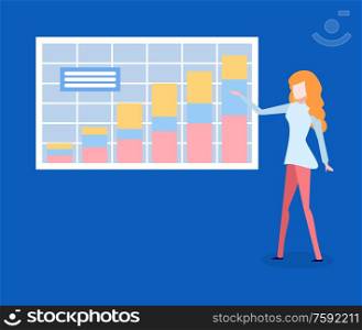 Woman presents financial growth on analytic charts. Vector female pointing on increasing graph, showing company development and profit, accounting and finance. Woman Presents Financial Growth on Analytic Charts