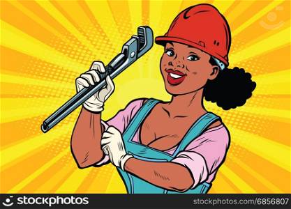 Woman professional. Construction worker with the repair tool adjustable wrench. African American people. Comic book cartoon pop art retro colored drawing vintage illustration. Construction worker with adjustable wrench. Woman professional