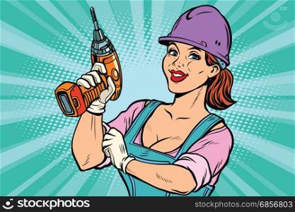 Woman professional. Construction worker with the repair tool drill. Comic book cartoon pop art retro colored drawing vintage illustration. Construction worker with drill. Woman professional