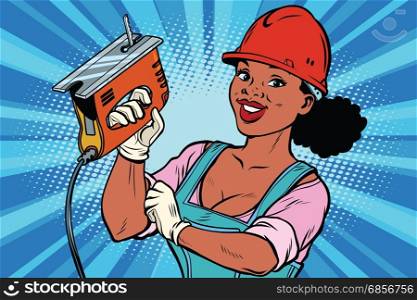 Woman professional. Construction worker with the repair tool jigsaw. African American people. Comic book cartoon pop art retro colored drawing vintage illustration. Construction worker with jigsaw. Woman professional