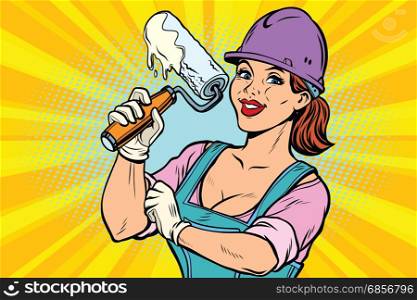 Woman professional. Construction worker with the repair tool roller for paint. Comic book cartoon pop art retro colored drawing vintage illustration. Construction worker with roller for paint. Woman professional