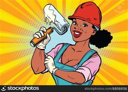 Woman professional. Construction worker with the repair tool roller for paint. African American people. Comic book cartoon pop art retro colored drawing vintage illustration. Construction worker with roller for paint. Woman professional
