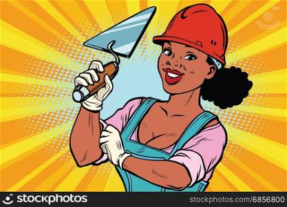 Woman professional. Construction worker with the repair tool trowel. African American people. Comic book cartoon pop art retro colored drawing vintage illustration. Construction worker with trowell. Woman professional