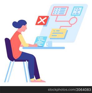 Woman programmer fixing bug. Girl working with code. Vector illustration. Woman programmer fixing bug. Girl working with code
