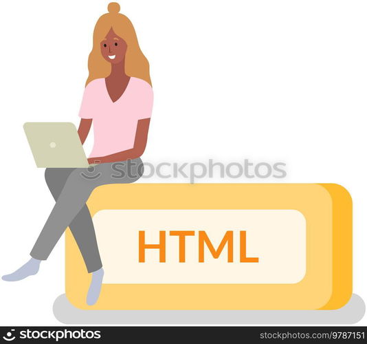 Woman programmer, html button and laptop. Programming or coding, digital technology. Lady is working with electronic device to create websites. Html developer sitting on block with text HTML. Woman programmer working withl aptop to create websites, programming or coding with text HTML