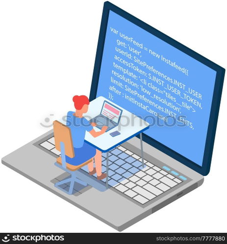 Woman programmer working on her computer. Programming or coding concept. Female character works with laptop, creates program code sitting at workplace. IT specialist is engaged in programming. Woman works with laptop, creates program code, programming, coding while sitting at workplace