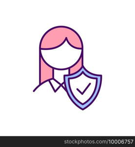 Woman protection and empowerment RGB color icon. Fighting violence against women and girls. Social protection policies. Promoting female self-worth sense. Isolated vector illustration. Woman protection and empowerment RGB color icon