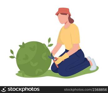 Woman pruning bush in garden semi flat color vector character. Sitting figure. Full body person on white. Maintaining garden simple cartoon style illustration for web graphic design and animation. Woman pruning bush in garden semi flat color vector character