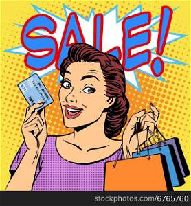 woman purchases discounts credit card sale. A woman purchases discounts credit card sale. Goods shops buyer girl retro style pop art