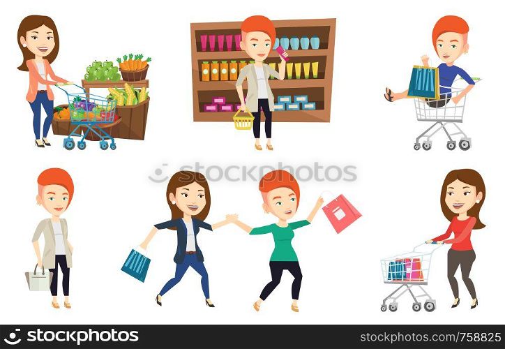 Woman pushing a shopping trolley in supermarket. Woman shopping at supermarket with trolley. Woman sitting in shopping trolley. Set of vector flat design illustrations isolated on white background. Vector set of shopping people characters.