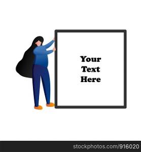 Woman pushing blank space frame for text. People lifestyle and beauty concept. Flat character design illustration vector.