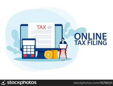 woman put data to fill out tax form and woman was checking. Flat illustrator vector
