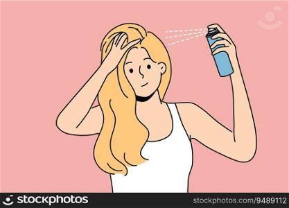 Woman puts hairspray on hair while preparing to go on date or party and wants to be most beautiful. Blonde girl uses cosmetic products for hair care, wanting to add splendor hairstyle. Woman puts hairspray on hair while preparing to go on date or party and wants to be most beautiful