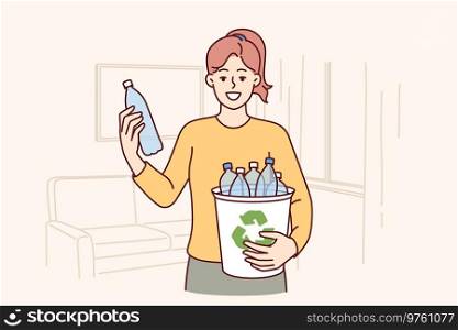 Woman puts plastic bottles in recycling bin showing awareness and concern for environment. Young girl with smile and holds plastic container created from recycled waste and household waste. Woman puts plastic bottles in recycling bin showing awareness and concern for environment