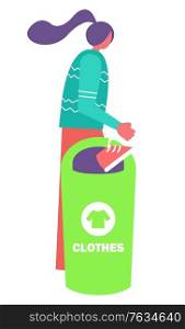 Woman putting clothes in trash or donation box, garbage sorting. Used apparel in plastic container, recycle rubbish, environmental care, shoes. Vector illustration in flat cartoon style. Clothes Recycle, Clothing Donation, Garbage Vector