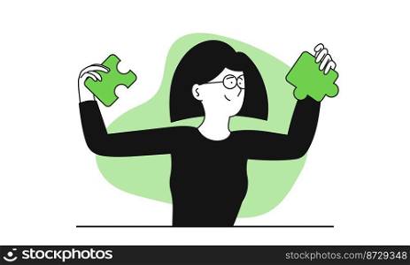 Woman putting together a puzzle vector illustration concept. Business opportunity and success leadership progress. Career growth and vision direction way. Motivation and ambition to development