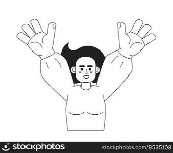 Woman raising hands monochromatic flat vector character. Cheerful pretty asian girl. Happy person. Editable thin line half body person on white. Simple bw cartoon spot image for web graphic design. Woman raising hands monochromatic flat vector character