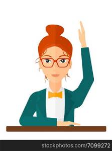 Woman raising her hand while sitting at the table vector flat design illustration isolated on white background. Vertical layout.. Woman raising her hand.