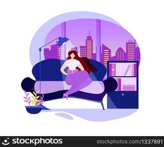Woman Read Book on Comfortable Couch near Window, Night City View Vector Illustration. Modern Apartment Interior, Sofa Lamp and Bookcase. Love Reading, Home Evening Relaxation, Rest Cozy Living Room. Woman Read Book on Comfortable Couch near Window