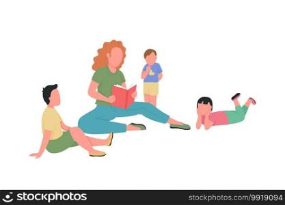 Woman read to children flat color vector faceless characters. Daycare activity. Babysitting kids. Kindergarten class isolated cartoon illustration for web graphic design and animation. Woman read to children flat color vector faceless characters