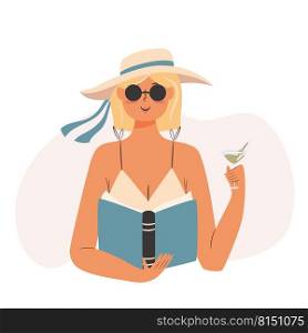 Woman reading a book and drinking a cocktail. Self time concept illustration 