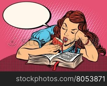 Woman reading a book and eating an Apple, pop art retro vector illustration