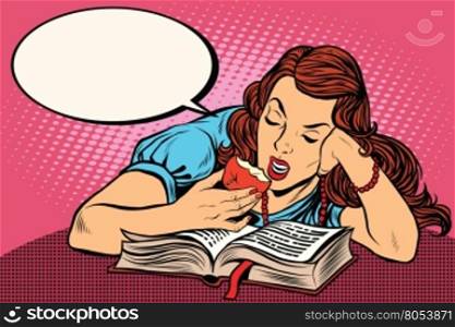 Woman reading a book and eating an Apple, pop art retro vector illustration
