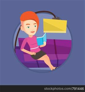 Woman reading a book on a sofa. Caucasian woman relaxing with book on the couch at home. Woman sitting on sofa and reading a book. Vector flat design illustration in the circle isolated on background.. Woman reading book on sofa vector illustration.