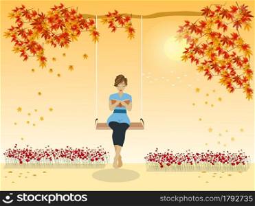 woman reading a book on a swing with maple trees and autumn sky in the background