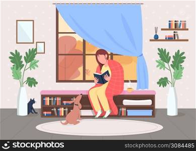 Woman reading at home flat color vector illustration. Lounge room. Person hold book with blanket on shoulder. Pets with owner in living room. Female 2D cartoon character with interior on background. Woman reading at home flat color vector illustration