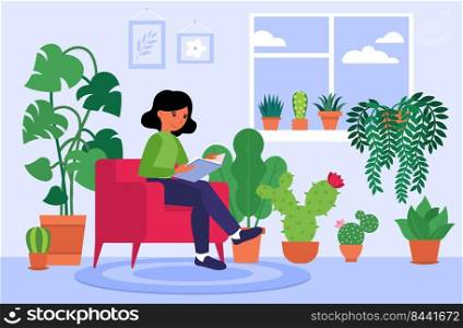 Woman reading book at home among houseplants. Person decorating interior with cute home garden, growing potted plants. Vector illustration for hygge, hobby, botanical decor concept