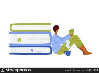 Woman reading book at home and drinking hot tea, girl student read and study, literature fan concept, modern flat cartoon textured people character isolated on white - vector illustration. Literature fans people with books