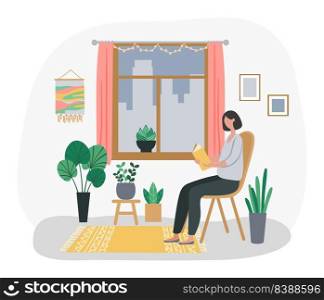 Woman reading book at home, clevel and smart girl education. Woman with book read in armchair concept, vector of education student illustration. Woman reading book at home, clevel and smart girl education