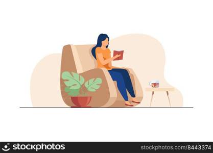 Woman reading book at home. Student girl sitting in armchair with cup of tea and textbook flat vector illustration. Leisure time, literature concept for banner, website design or landing web page