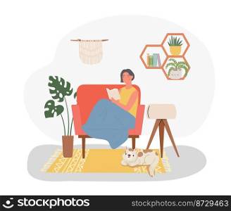 Woman reading book at home with cat. Vector of character relax and reading, leisure and resting, comfortable interior for rest illustration. Woman reading book at home with cat